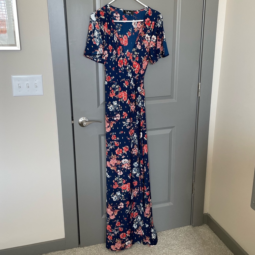 Lulus Navy Floral and Gold Floor Length Wrap Dress